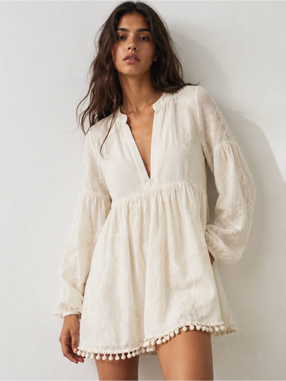Zara Cream Textured Pom-Pom Mini Dress